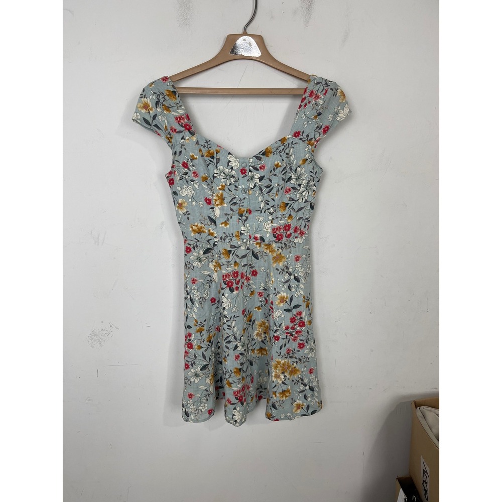 City Triangles Blue Floral Linen Blend Cap Sleeve Mini Dress ZNE8-9810 Small